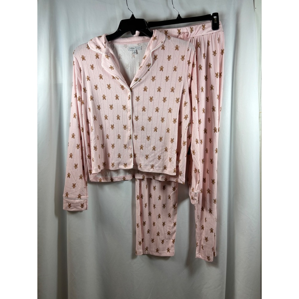 Sincerely Jules Pink Gingerbread Man Ribbed Pajama Set Long Sleeve Large NWT